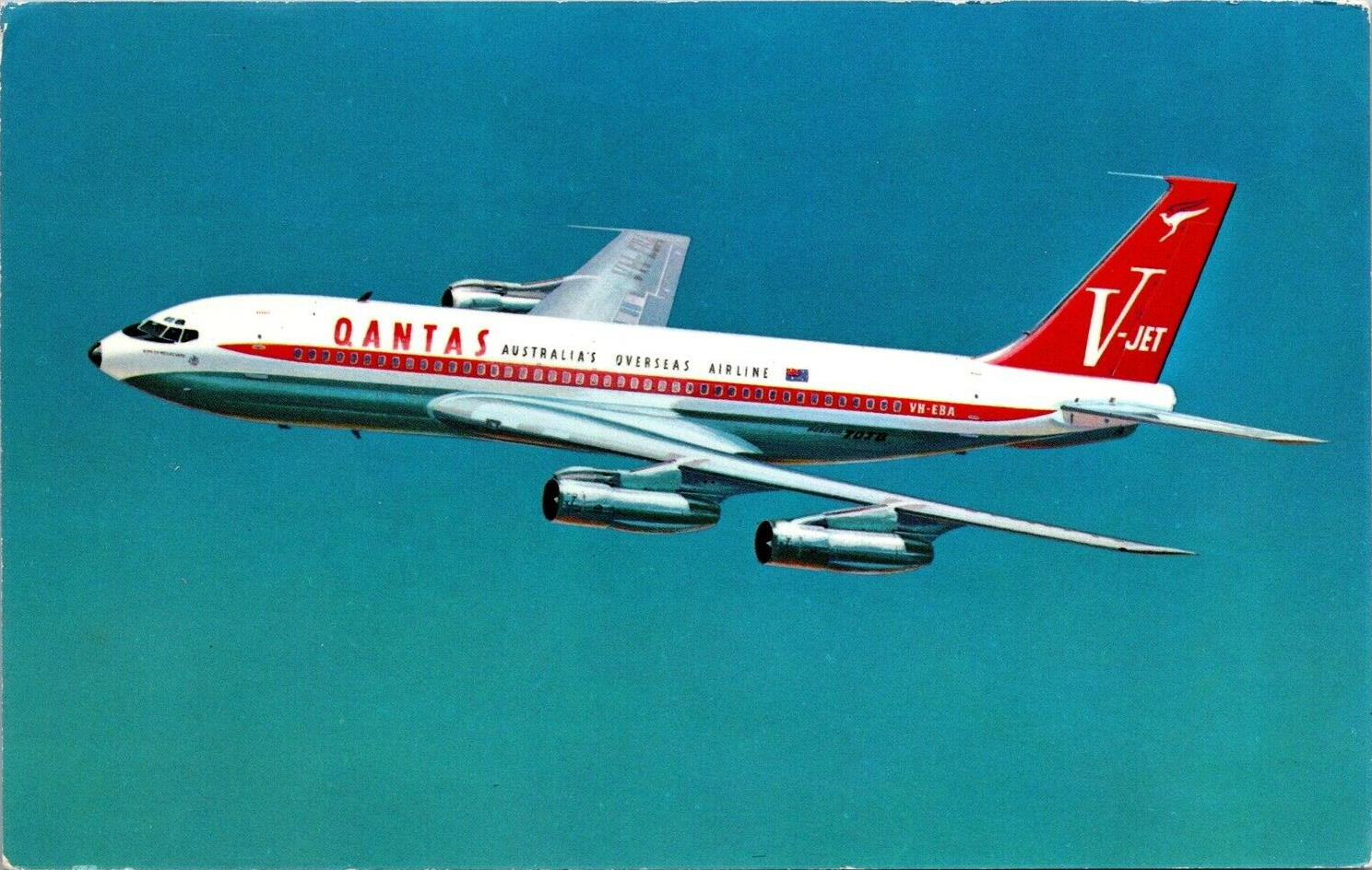 Boeing 707 VH-EBA Jet Airliner V-Jet Qantas, postcard